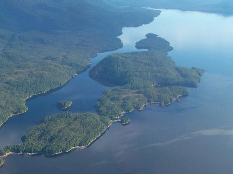 Winstanley Island from the air, cabin is located in the narrow/inside passage
