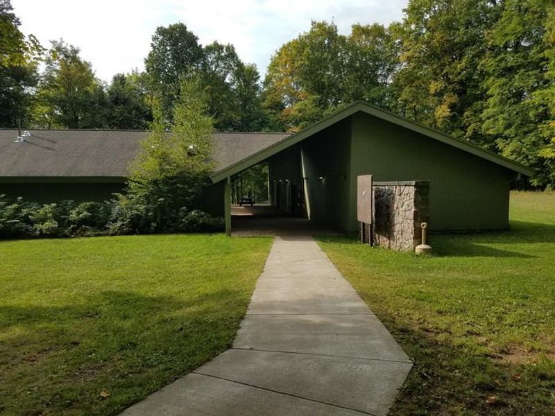 The Clark Lake pavilion as you approach from the parking lot.
