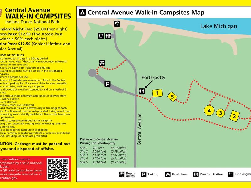 A map showing the Central Avenue Walk In Sites, with a list of the walking distances to each site