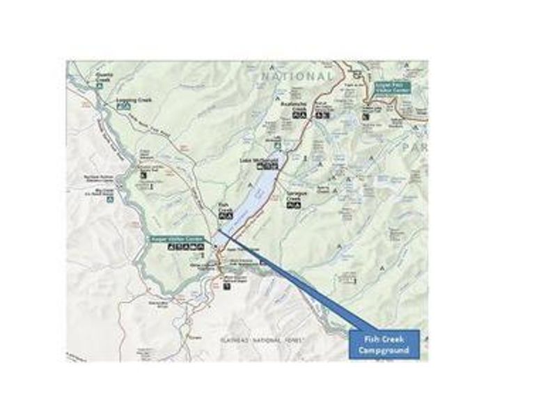 A map showing the location of Fish Creek Campground and the surrounding area