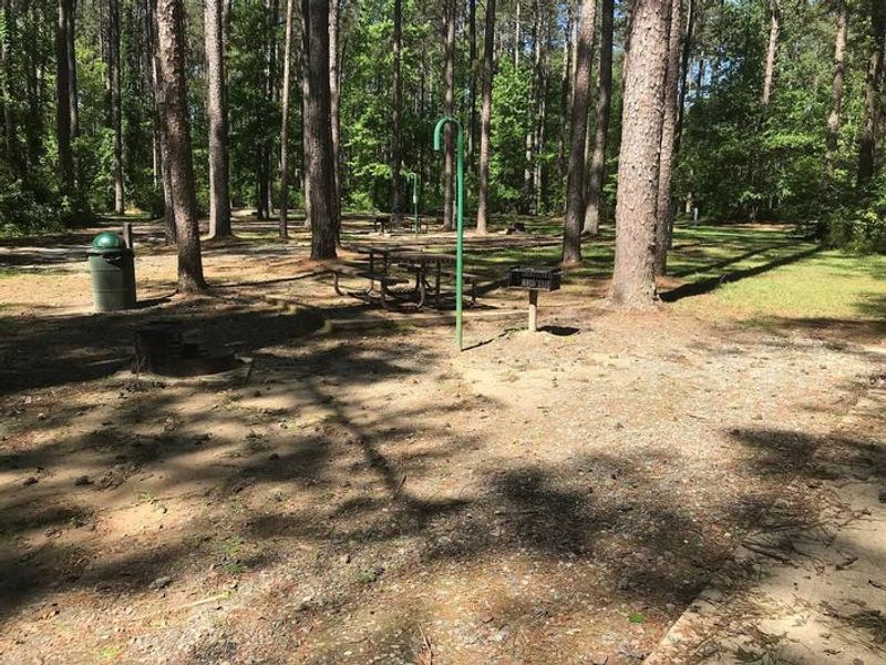 Shaded Class A Campsite #18. RV pad, water, and 20/30/50 AMP electric hook-ups as well as basic campsite amenities including a picnic table, lantern post, fire ring, trash can and grill.