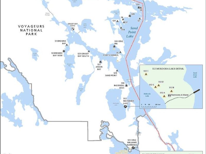 Map of all campsites on Sand Point Lake and on the north end of Crane Lake. All campsites must be accessed by water.