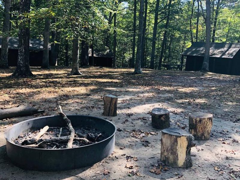 Fire circle surrounded by cabins.