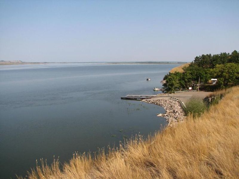 View of the Hazelton Boat Ramp from the high bank at Hazelton Recreation Area.
