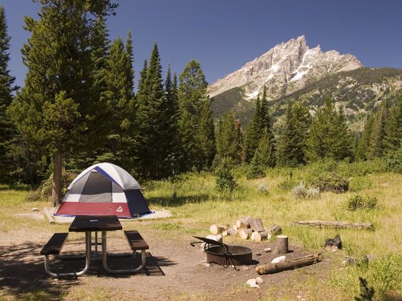 Tucked away at the base of the Teton Mountain Range, Jenny Lake Campground is situated within walking distance of the eastern shore of Jenny Lake, with views of Teewinot Mountain, Mount St. John, and into Cascade Canyon.   