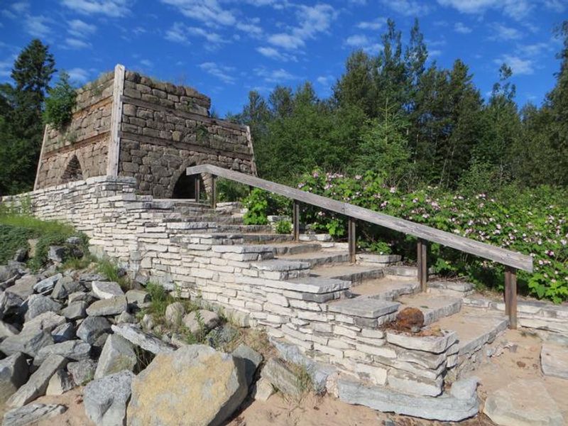 Bay Furnace Campground ruins. Walkway to the bay. 