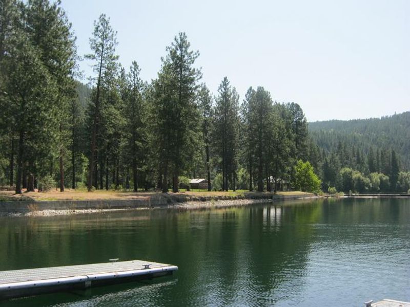 Evans from the dock. Campground beyond the lake.