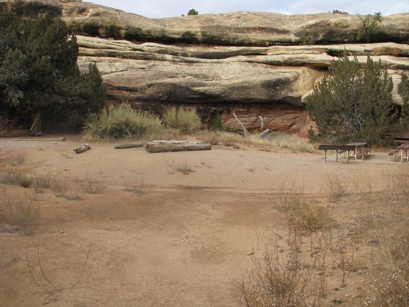 Sand, slickrock, picnic tables, and a tent pad.