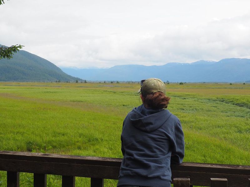Visitor looking at view from porch of Little Dry Island Cabin