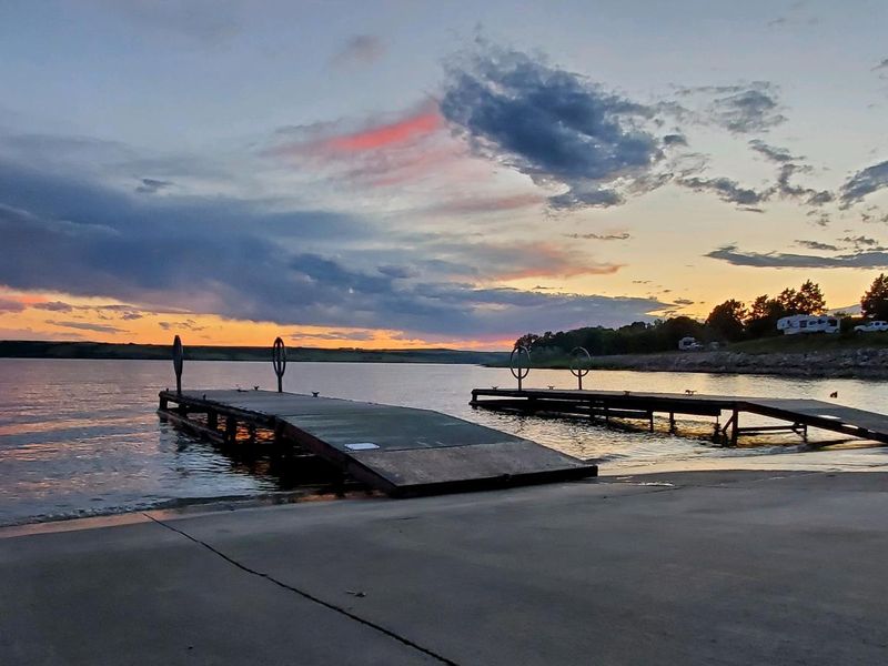 Calm waters on Beaver Creek at sunset at the boat ramp.