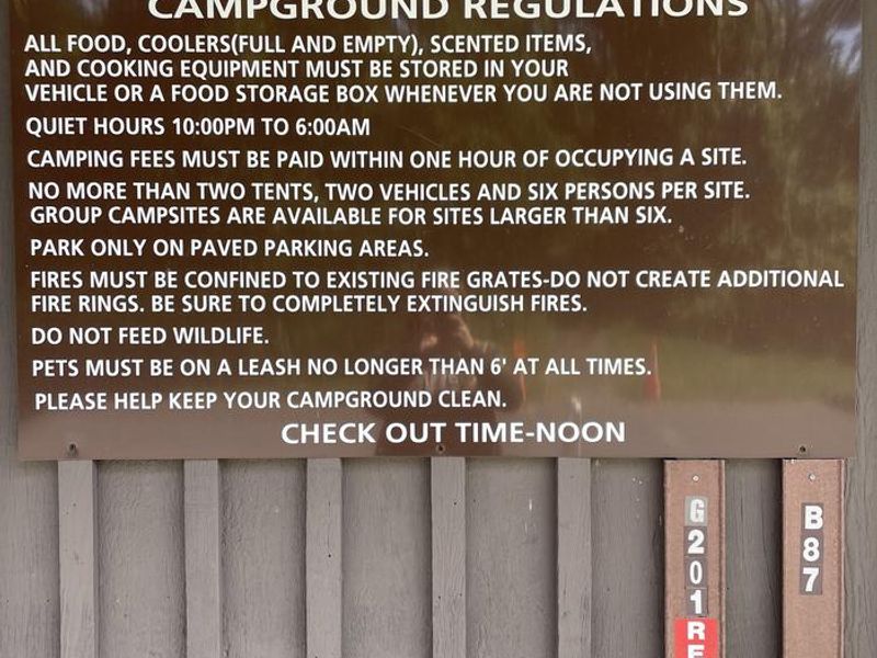 A photo of campground regulations at the facility of Loft Mountain Campground