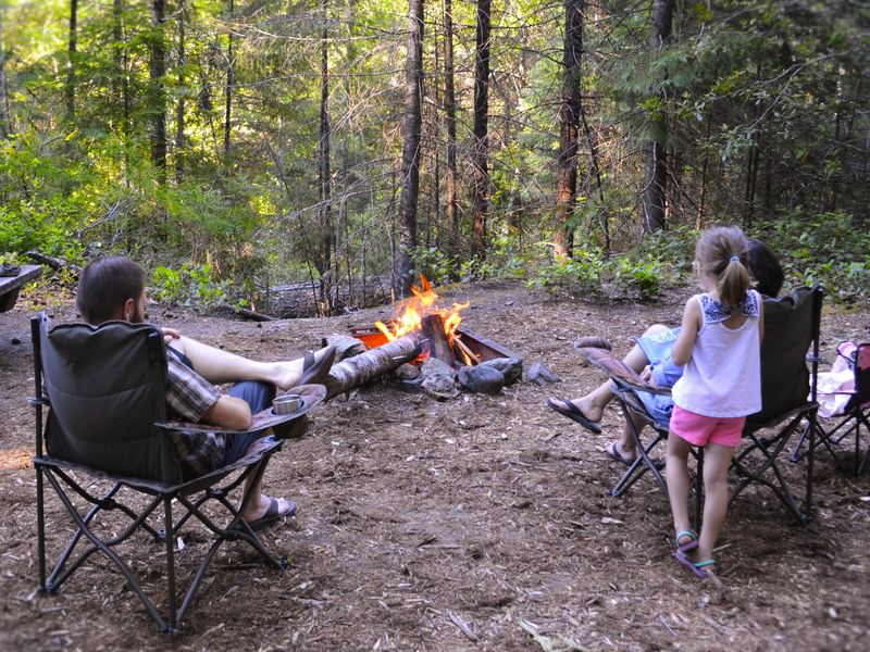 Family sitting around a campfire at Cave Creek Campground
