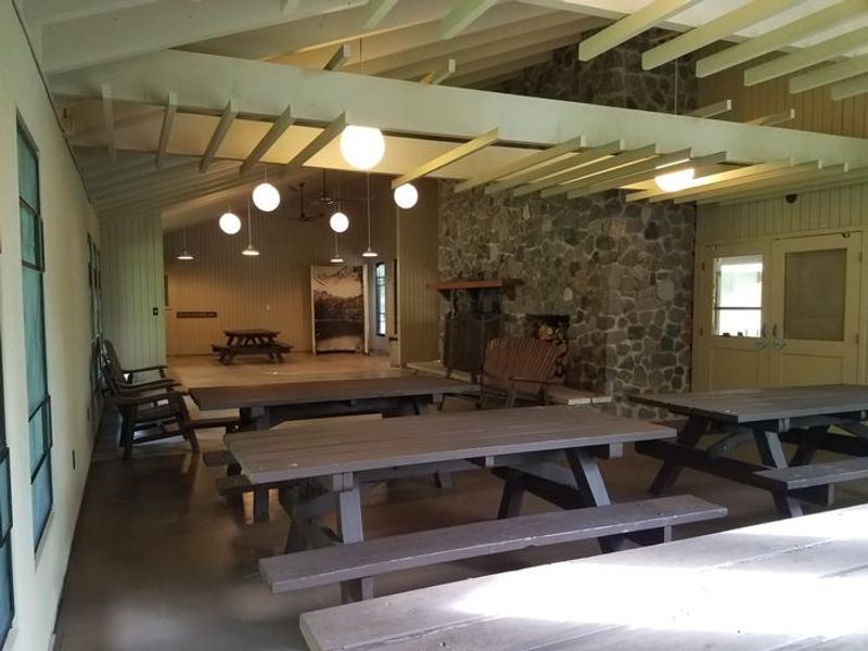 Inside of the Clark Lake pavilion from the south end of the room.