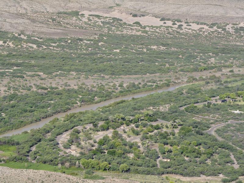 Aerial view of Rio Grande Village. Group campground is rightmost open areas visible.