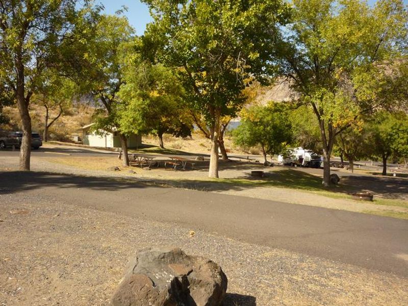 Overlooking the lower part of the campground. Trees in the distance.