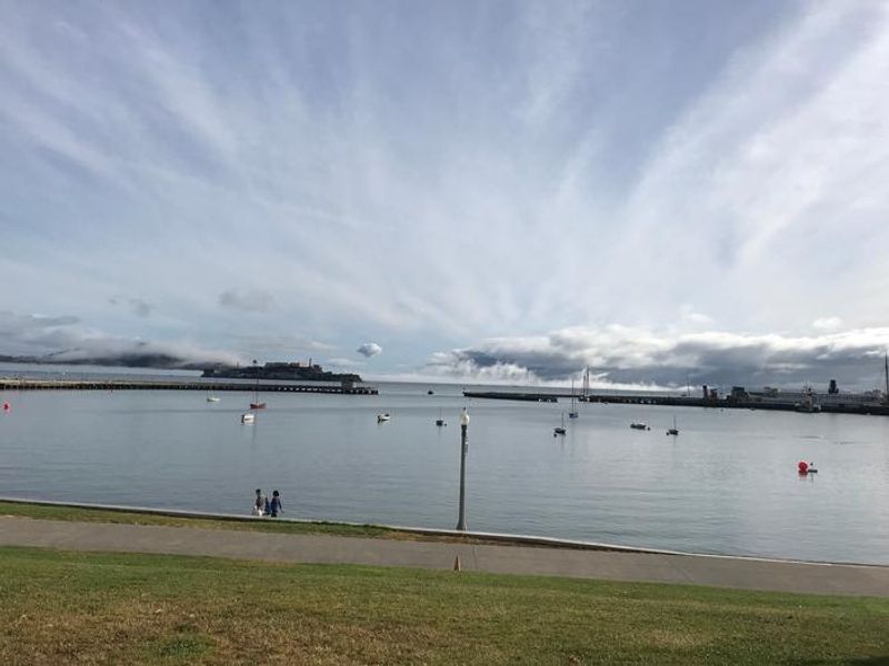 Aquatic Park Cove looking Northeast with Alcatraz Island in background.