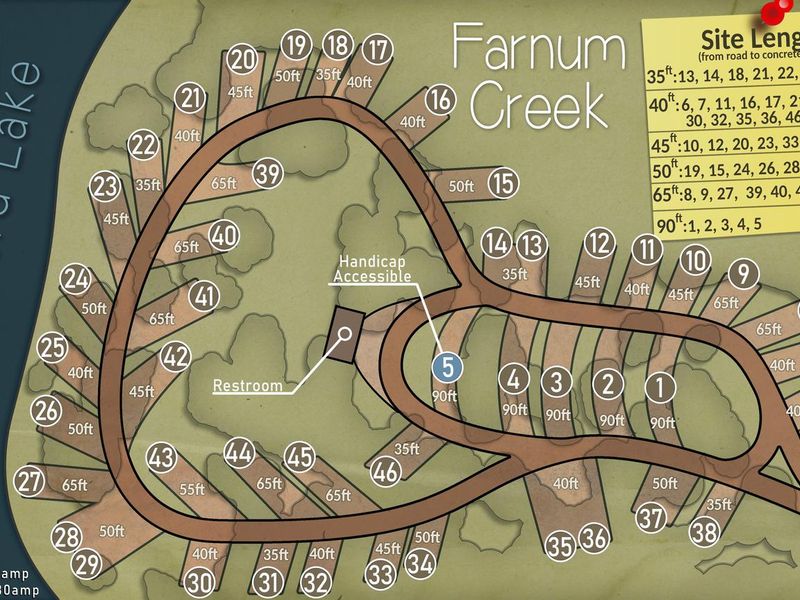 Digital map showing the site location, site length, and approximate shade at Farnum Creek.