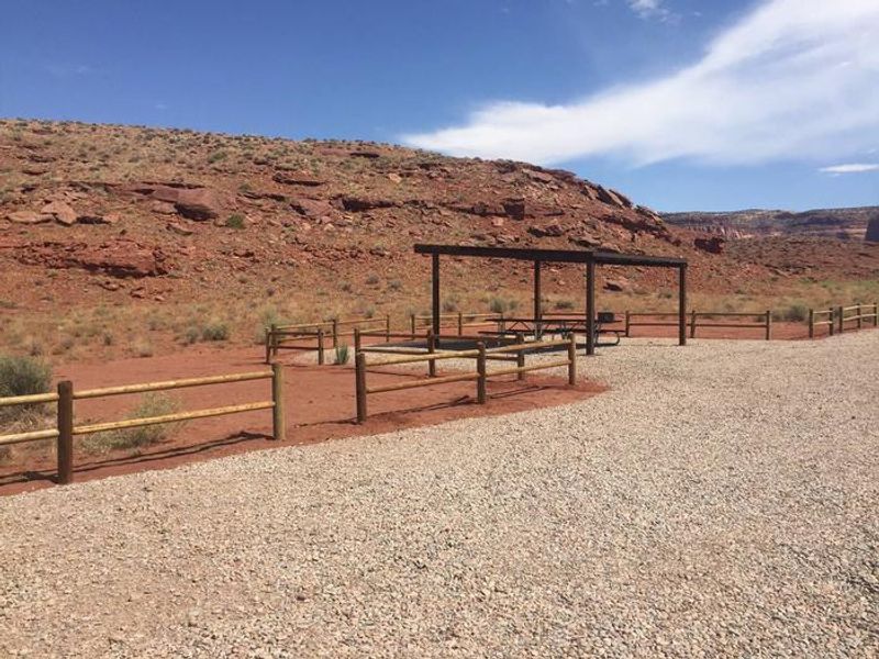 Superbowl Group Site shade structure, picnic tables, parking, and fire ring