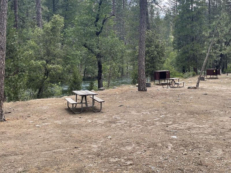 Campsites along river showing food lockers, table and fire ring. 