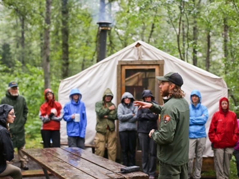 A park ranger trail updates hikers on trail conditions in one of the nightly presentations at Sheep Camp.