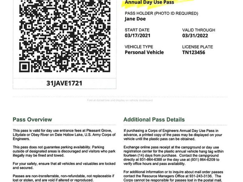 EXAMPLE DAY USE ACTIVITY PASS ONLINE PURCHASE OBTAINABLE AT WWW.RECREATION.GOV