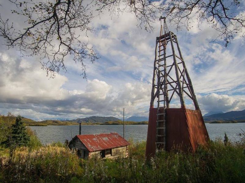 Fure's Cabin and windmill, located in the Bay of Islands, Naknek Lake.