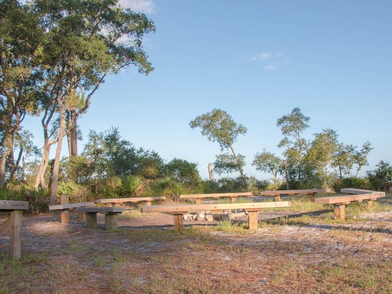 Wooden benches surround the campfire ring a the Naval Live Oaks Youth Campground.