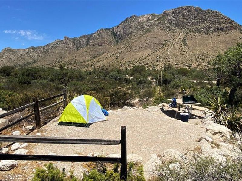 Pine Springs campsite with views of Hunter Peak in the background.