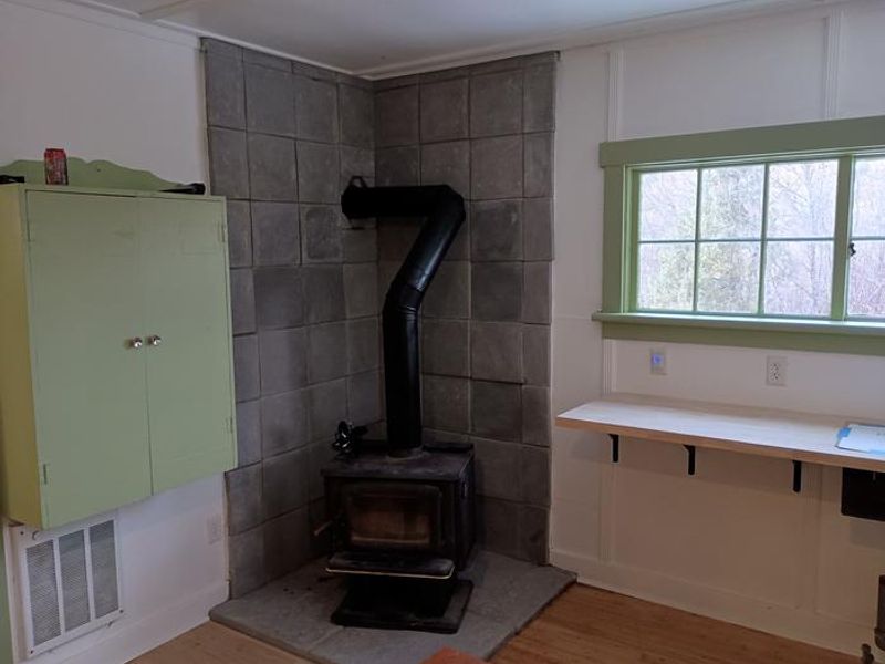 The cabin offers a wood burning stove. Ash collection can behind stove.