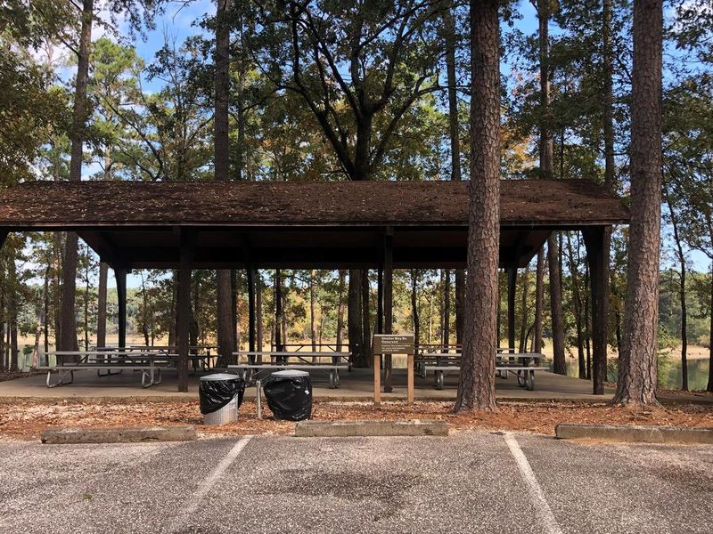 Group use shelter with electricity, tables, grills, water spigot, and swimming area.