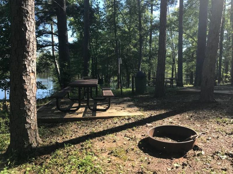 Tent campsite with fire pit, grill, picnic table, lantern pole, and trash can. *View dependent on Bayou level.