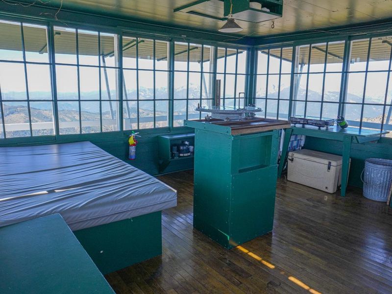 Lookout interior with view of bed