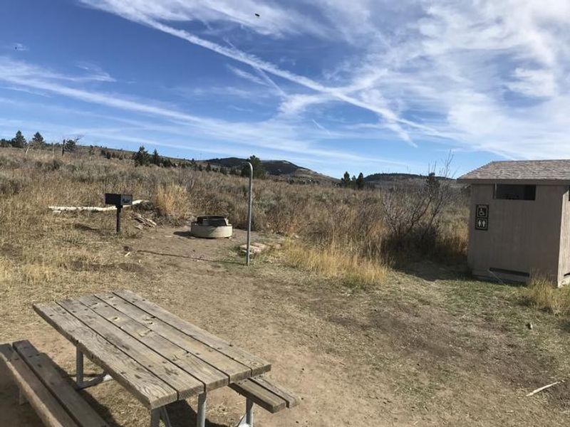 A single vault toilet, campfire ring, grill, lantern post, and picnic table are located outside the cabin. 