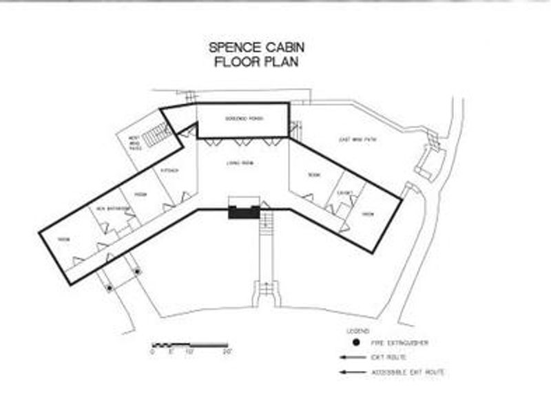 Floor plan for Spence Cabin showing exits