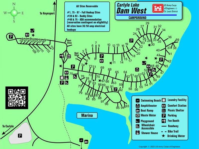 Map of Dam West Campground layout.