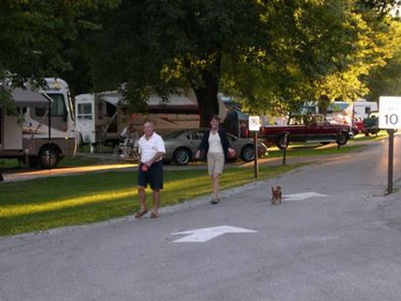 Campers walking their dog down the campground road.