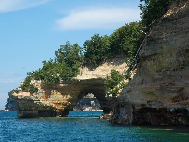 A view of Lake Superior looking to the east through Petit Portal arch, also known as Lover's Leap. 