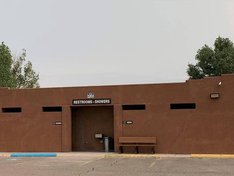 Showers and restroom building with self service pay station and information Kiosk.