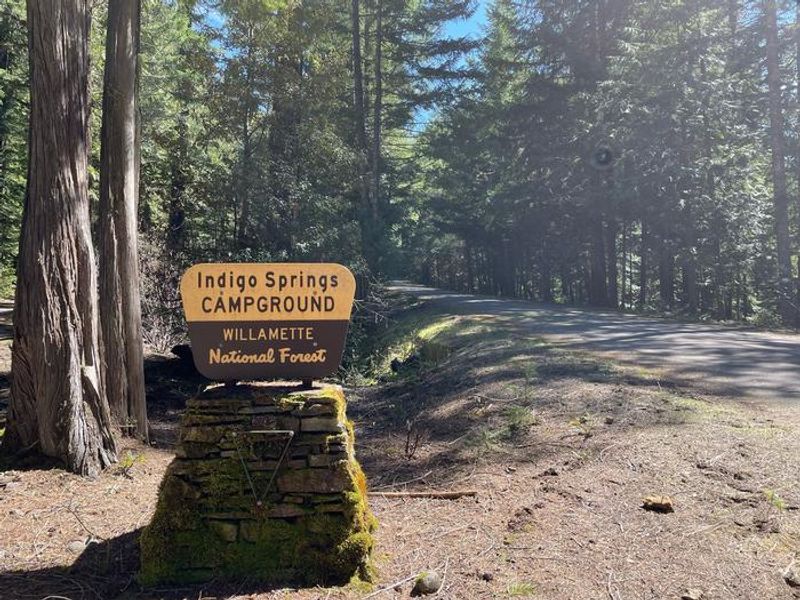 The entrance sign to Indigo Springs can be seen easily from Forest Service Road 21 and leads directly into the small campground.