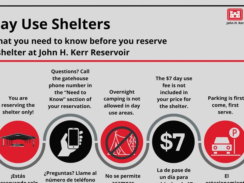 They are listed as follows; you are reserving the shelter only. If you have any questions, please call the nearest gatehouse. Their phone number can be found on the need-to-know section. Overnight camping is not allowed at the shelters or day use areas. You must pay the seven-dollar day use fee separately from the reservation. The seven-dollar day use fee is not included in your shelter reservation. Parking is first come, first serve. Enjoy your time at Island Creek Park!
