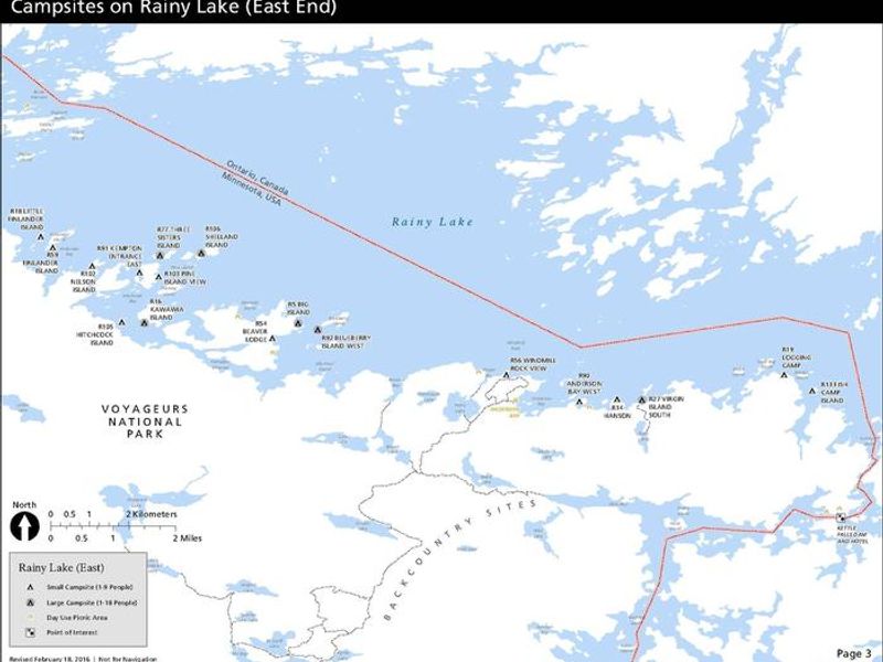 Map of all campsites on the east side of Rainy Lake. All campsites must be accessed by water.