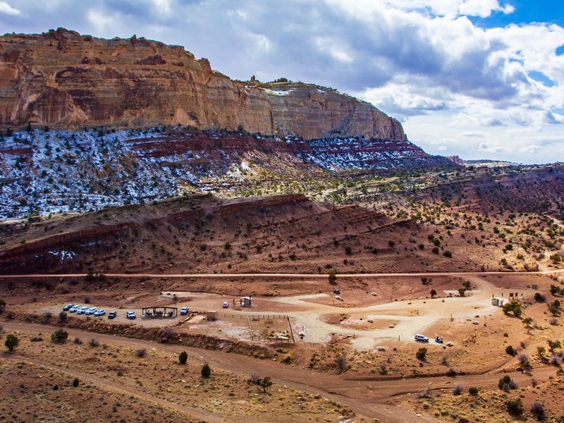 Temple Mountain Campground as seen from trail up to mines, facing Temple Mountain Road.