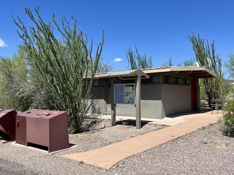 One of the six bathrooms at TWIN PEAKS CAMPGROUND with garbage receptacles and an ocotillo.