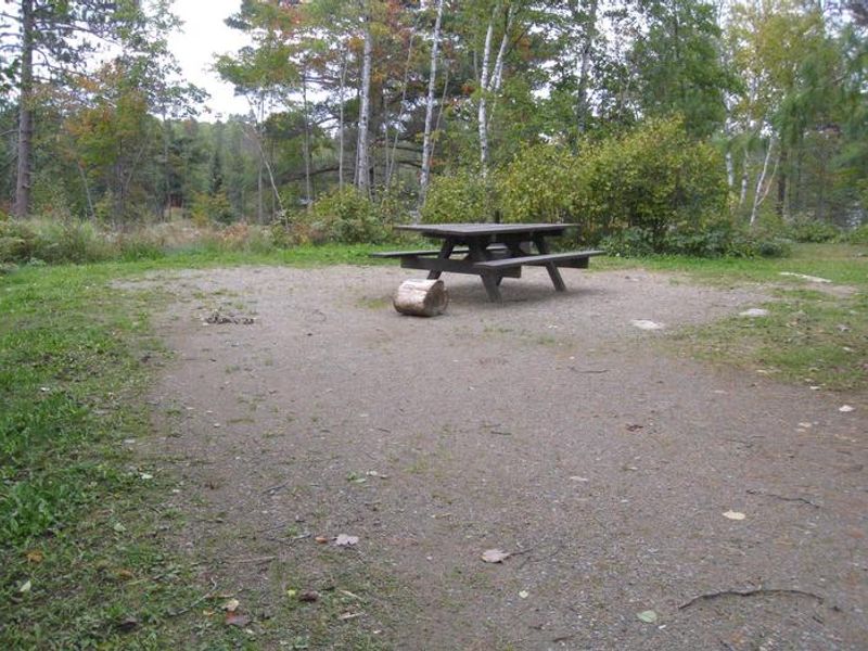 Typical campsite with parking spur, picnic table, firegrate, and tent pad.