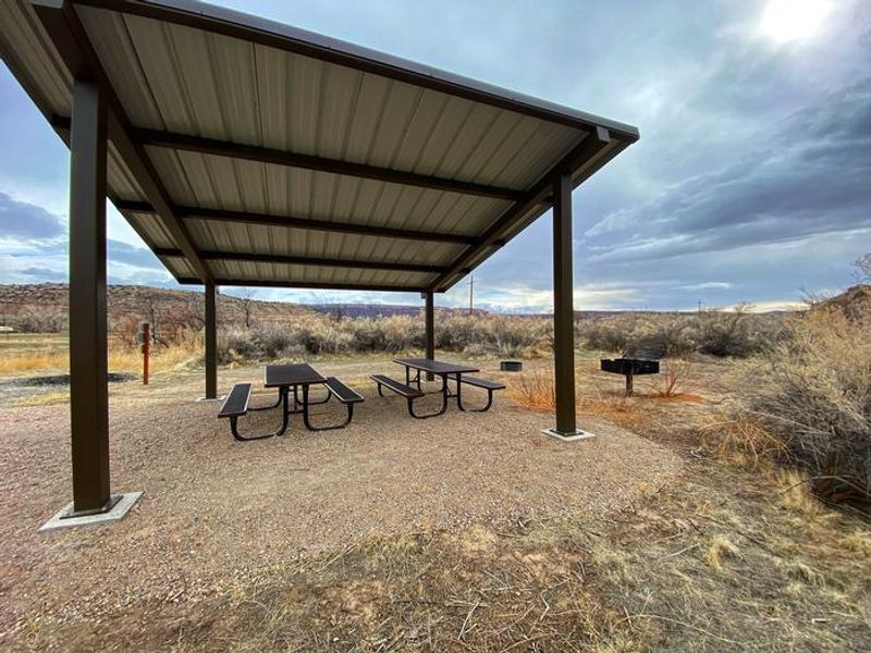 Westwater Group Site shade shelter and picnic tables.