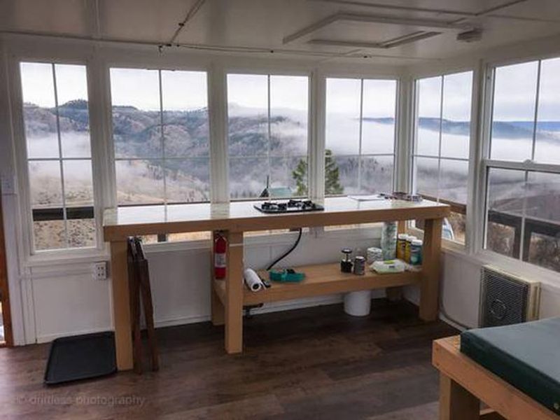 Bench and stove in lookout. 