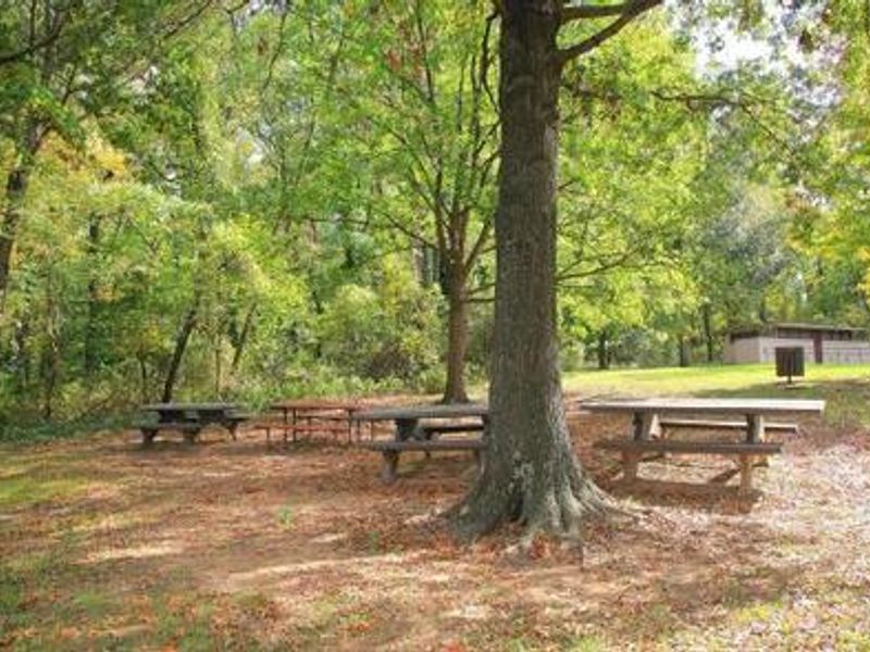 Picnic area A, there are picnic tables, a grill and bathroom facilities nearby