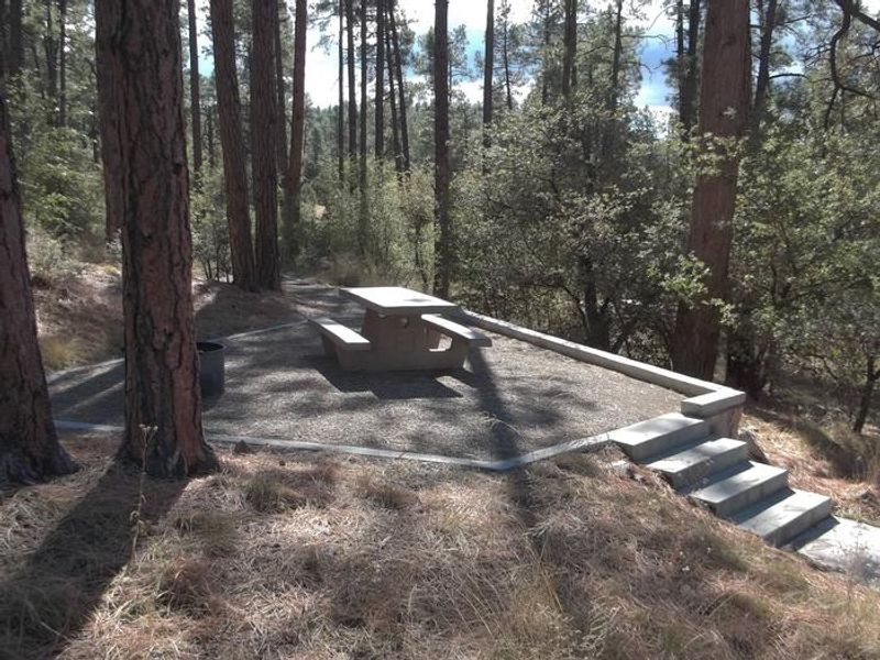 White Spar Campsite with table and fire ring on raised rock walled platform