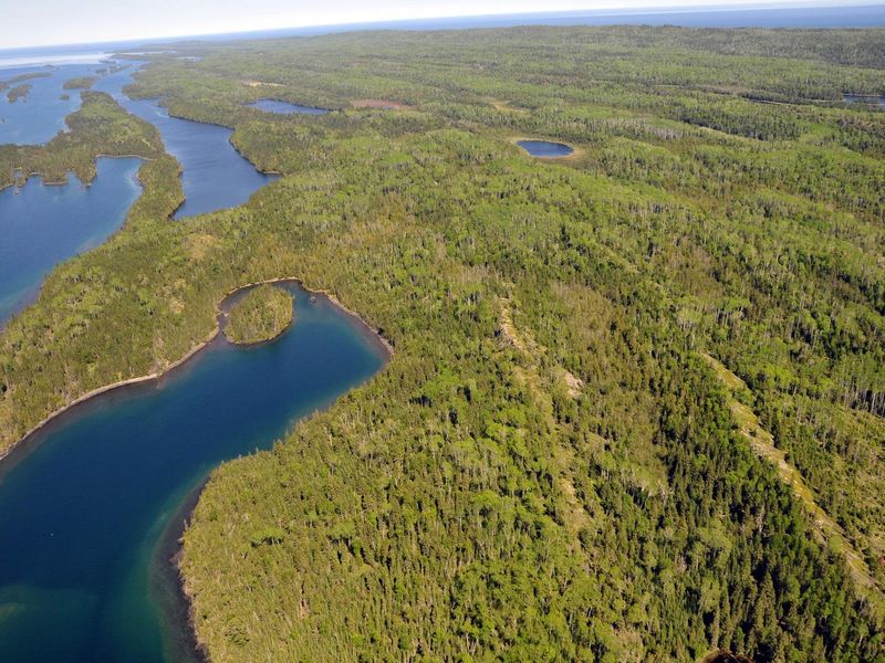 Aerial view of the blue waters of Herring Bay and Pickerel Cove.