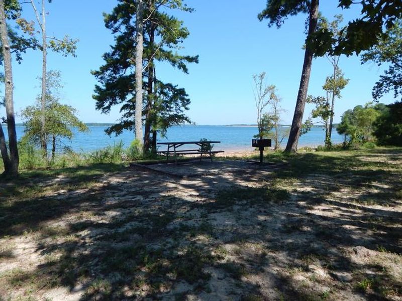 This is a picnic site that can be found at Palmer Point. This picnic site is timbered on the edges. Inside the timbers you will find a picnic table and a small grill. There are trash cans located throughout the park. 